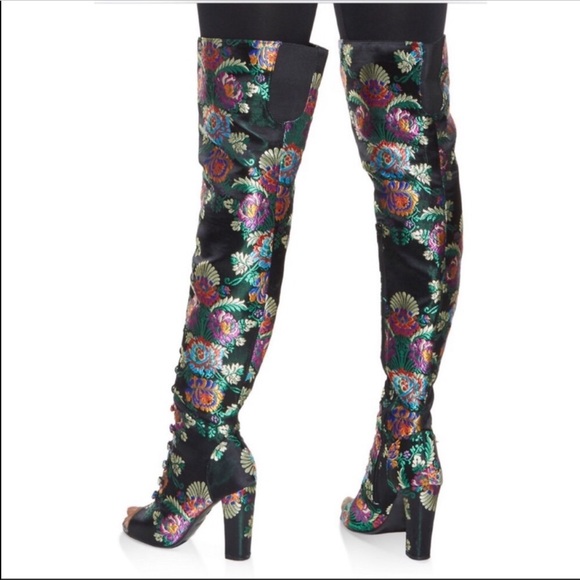 Black Lime Flower Embroidered Over the Knee Boots - Picture 3 of 4